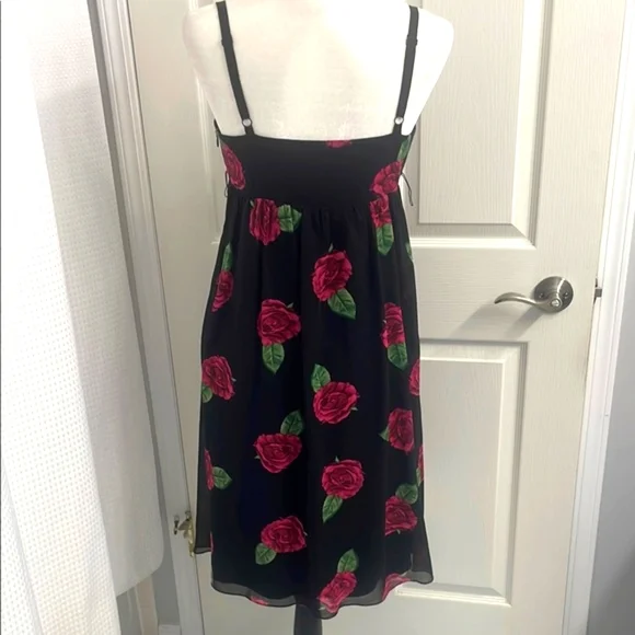 90s Betsey Johnson Silk Dress, Spaghetti Strap Midi Black with Pink Roses - Picture 5 of 9